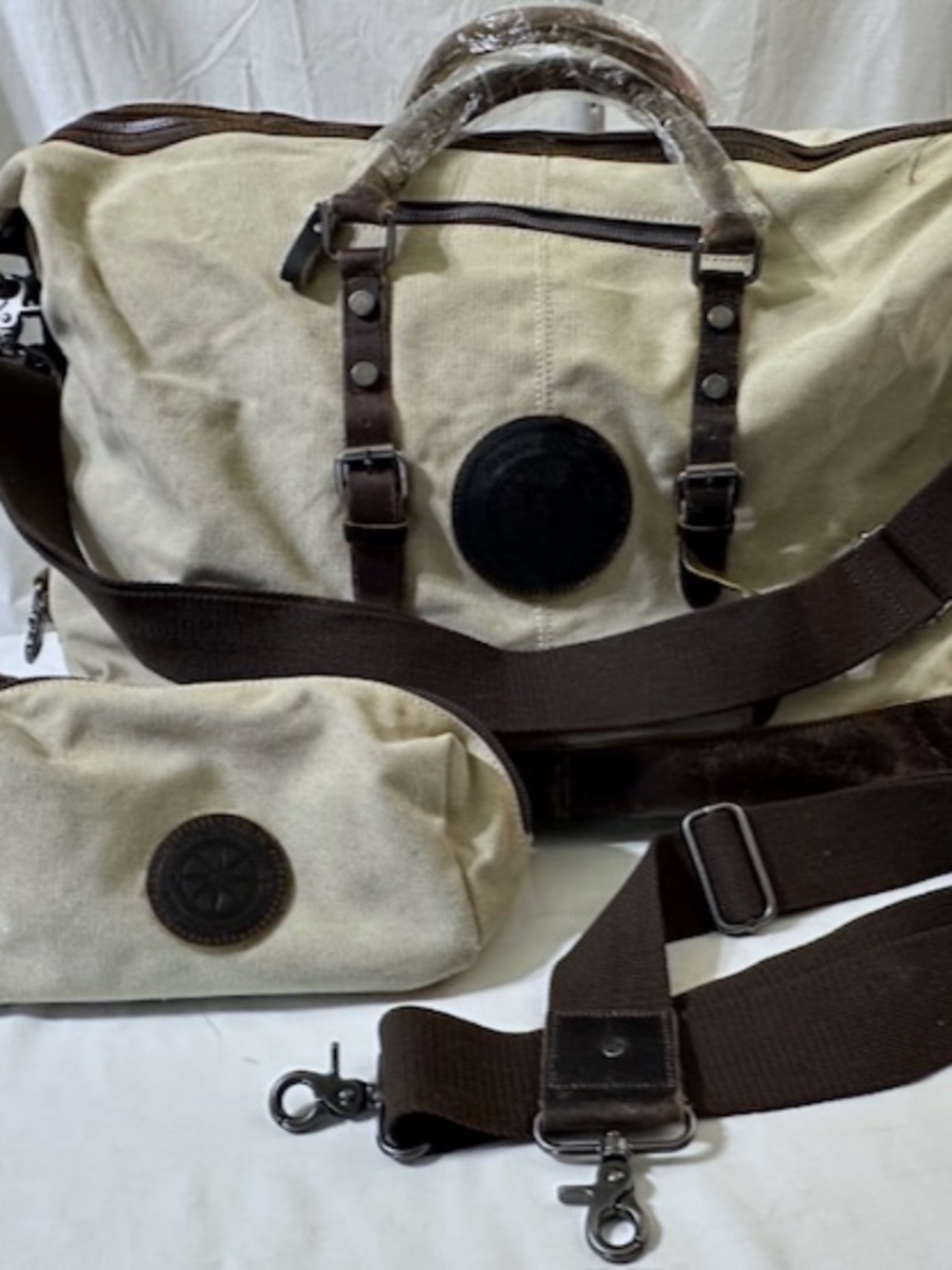 Waxed Tan Canvas + Leather Weekender Bag Duffle Vintage Look BRAND NEW + Dop Kit